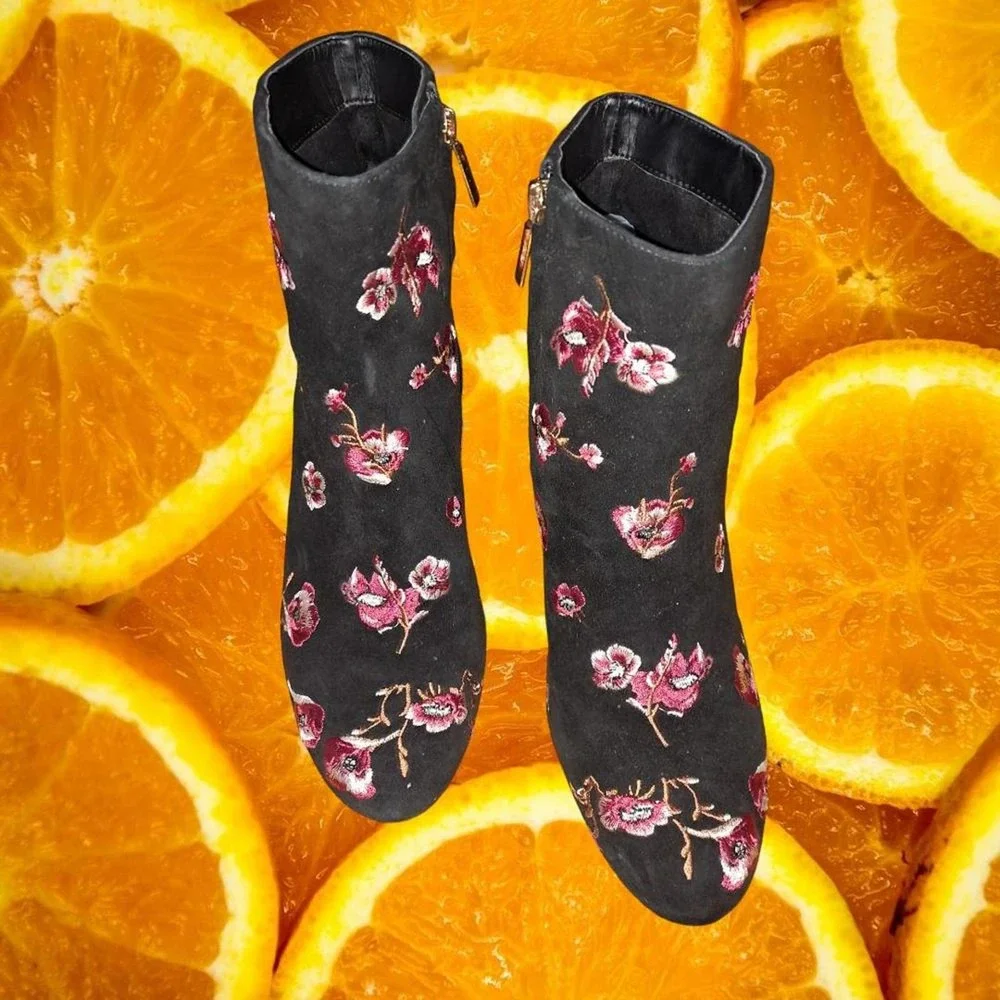 Karl Lagerfeld Black with Embroidered Pink Blower Ankle Boots‎ Size 8